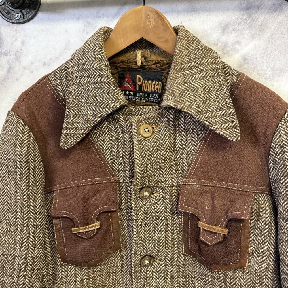 VTG 70s Pioneer Jacket Western Boho Cowboy Herringbone Wool Lined L 20x27.5 - Picture 2 of 14